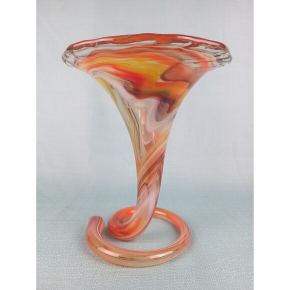 Multicolor MCM Swirl Vase Murano Style Art Glass Orange White Pink Red Glass Art - Picture 8 of 10